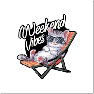 One design features a cool and comfortable kitten wearing sunglasses, casually lounging on a beach chair. (4) Posters and Art